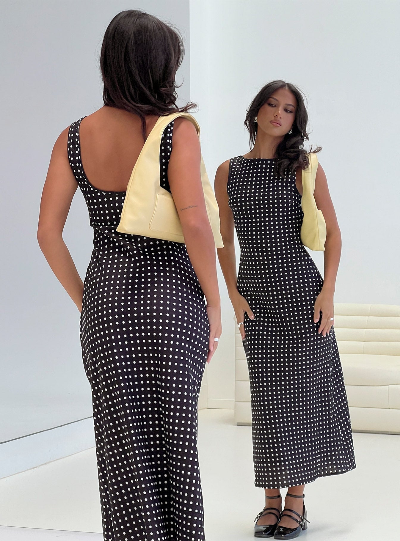 Robe Midi Femme Sans Manches à Pois – Encolure Ronde Silhouette Fluide