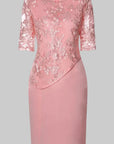 Robe Midi Femme à Broderie Florale – Manches en Dentelle Coupe Droite