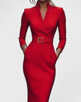 Robe midi ajustée femme en tissu stretch – ceinture col V manches longues