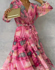 Robe Longue Femme en Mousseline – Imprimé Floral, Manches Longues et Jupe à Volants