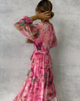 Robe Longue Femme en Mousseline – Imprimé Floral, Manches Longues et Jupe à Volants