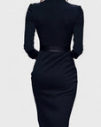 Robe midi ajustée femme en tissu stretch – ceinture col V manches longues