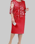 Robe Midi Femme à Broderie Florale – Manches en Dentelle Coupe Droite