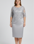Robe Midi Femme à Broderie Florale – Manches en Dentelle Coupe Droite