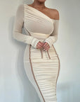 Robe Longue Femme Bodycon – Col Asymétrique Une Épaule Manches Longues Voilées
