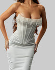 Robe Femme Sans Manches à Épaules Dénudées – Détail Perle et Construction Arête de Poisson