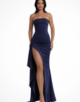 Robe Longue Femme Sans Bretelles – Fente Haute et Drapé Asymétrique