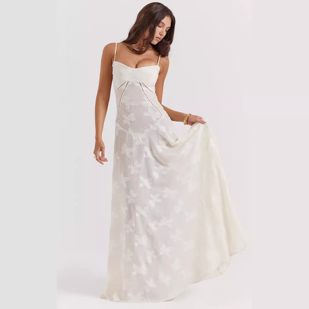 Robe Longue Femme Chiffon – Dos Nu Lacets Coupe Ajustée