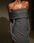 Robe Longue Femme Pailletée – Coupe Moulante Épaules Dénudées