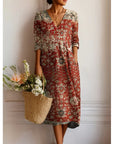 Robe Midi Femme Imprimée – Coupe Fluide et Col en V Bohème