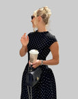 Robe Longue Femme à Pois – Col Haut Manches Courtes Coupe A-Line