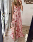 Robe Maxi Fleurie Femme à Lacets – Coupe Ajustée Fente Latérale