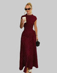 Robe Longue Femme à Pois – Col Haut Manches Courtes Coupe A-Line