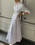 Robe Chemise Maxi Coton Blanc Femme – Manches Longues Coupe Évasée Plissée