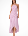 Robe Longue Femme à Dos Nu et Col Licou – Volants Asymétriques