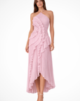 Robe Longue Femme à Dos Nu et Col Licou – Volants Asymétriques