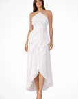 Robe Longue Femme à Dos Nu et Col Licou – Volants Asymétriques