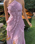 Robe Longue Femme à Dos Nu et Col Licou – Volants Asymétriques