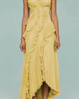 Robe Longue Femme à Dos Nu et Col Licou – Volants Asymétriques