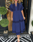 Robe Midi Bohème Femme en Coton – Col V Détails Brodés