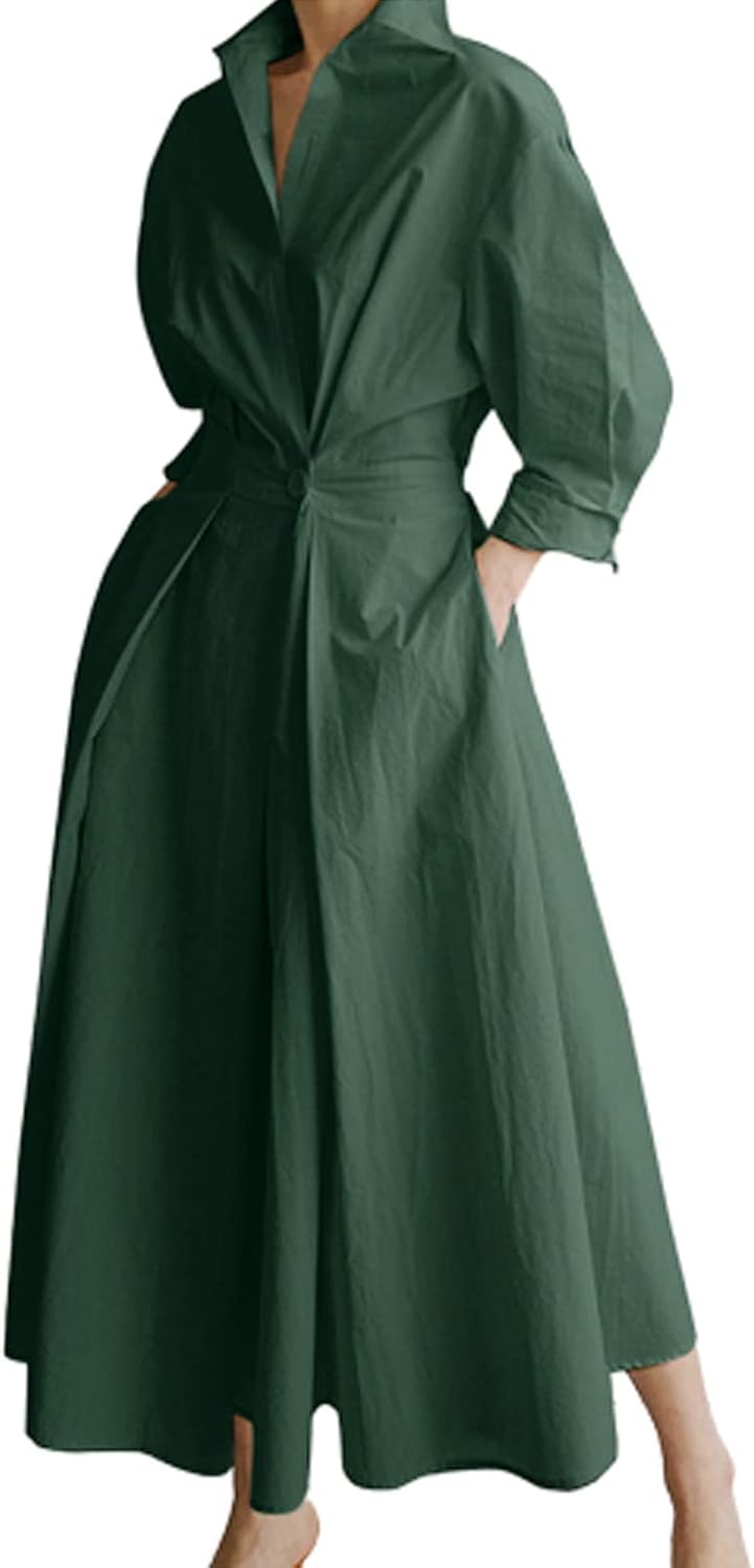 Sophie Robe Chemise Maxi – Robe Longue Col Chemise Taille Smockée Élégante Femme