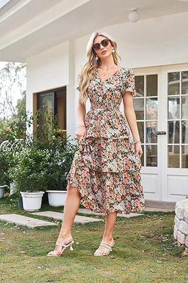 Robe Midi Femme en tissu léger, col V, coupe fluide – Menvelo
