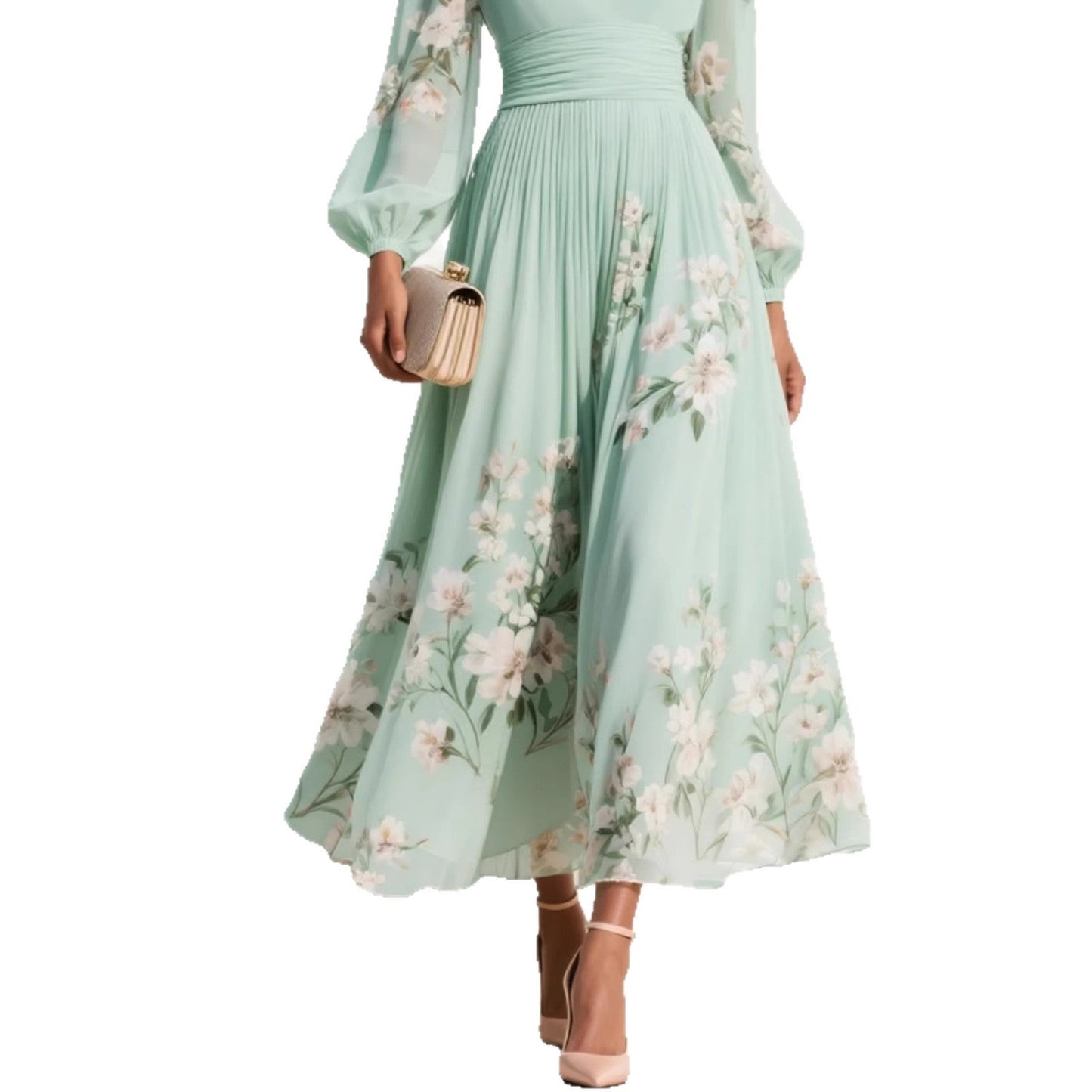 Robe Maxi Mousseline Femme – Manches Longues Coupe Évasée Plissée