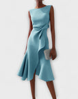 Robe Midi Structurée Sans Manches pour Femme – Col Rond Ourlet Évasé Ajusté