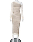 Robe Longue Femme Bodycon – Col Asymétrique Une Épaule Manches Longues Voilées