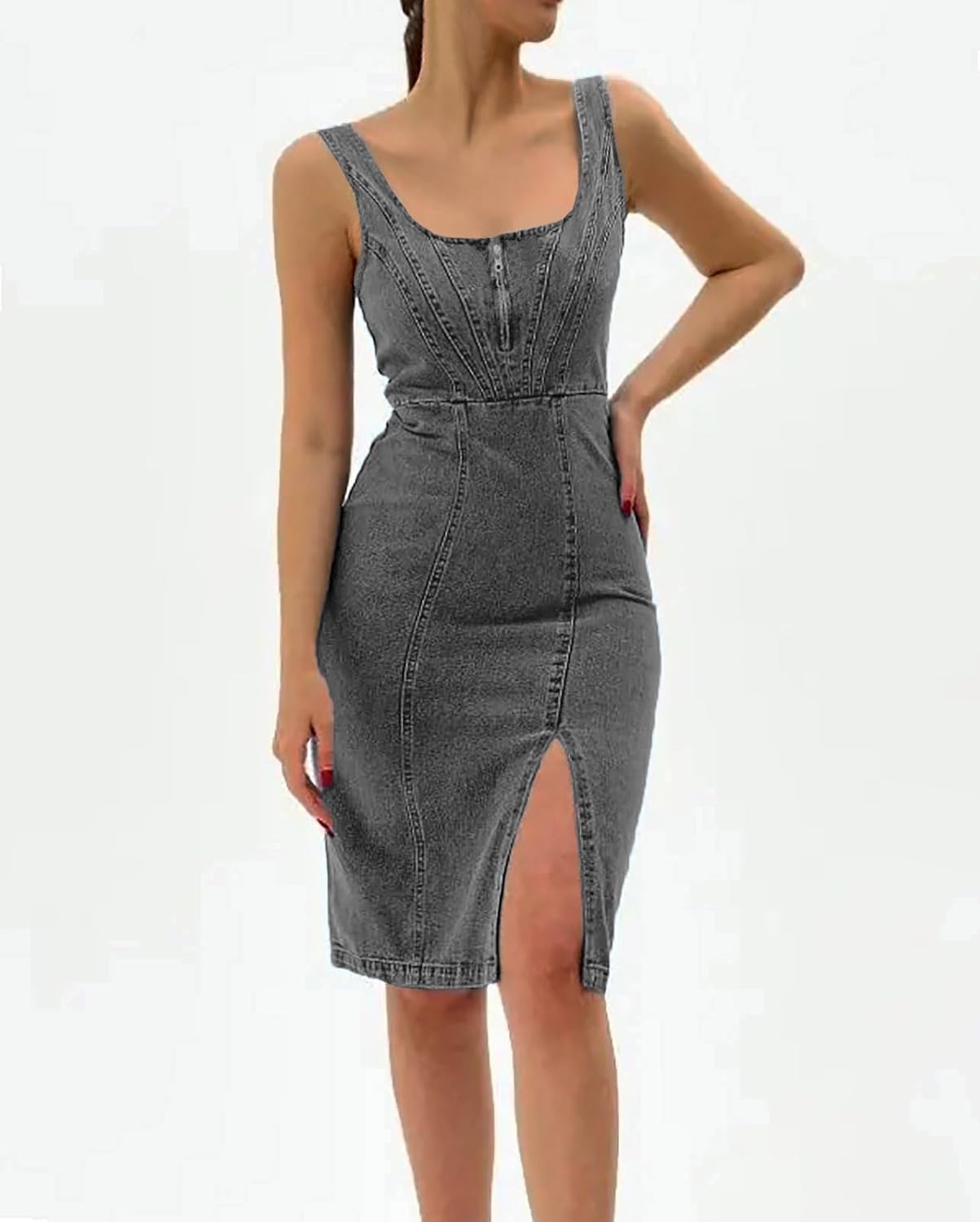 Robe Midi Femme en denim, à bretelles, coupe moulante – Menvelo