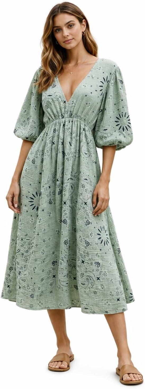 Robe Midi Femme en coton, col V, coupe fluide – Menvelo