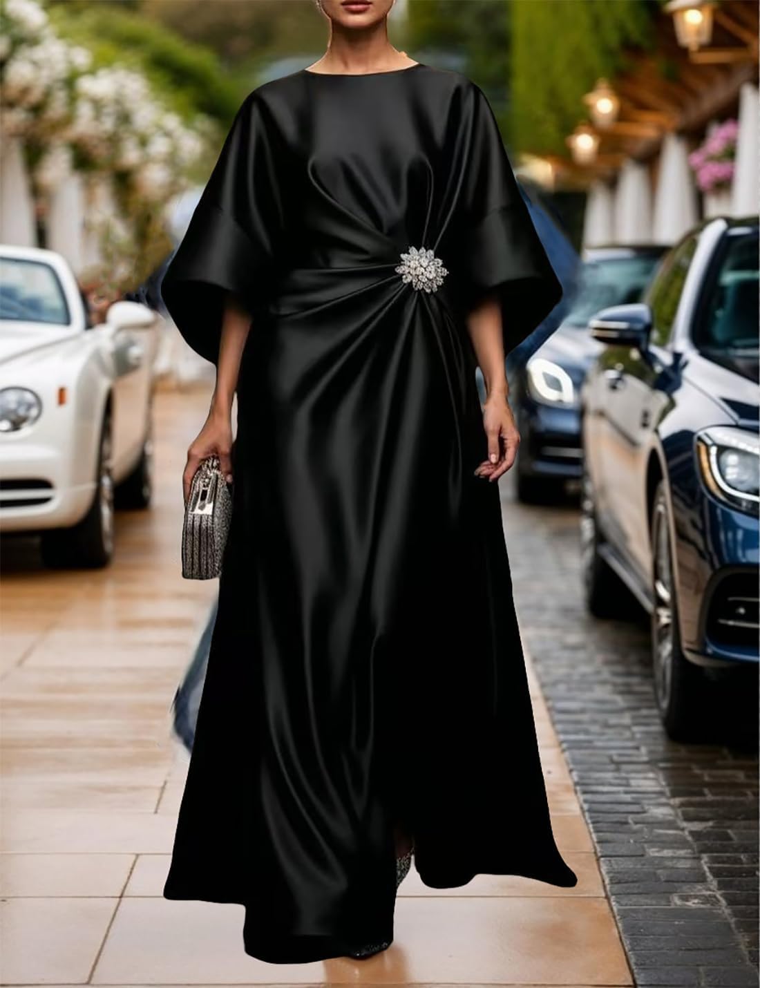 Victoria Robe Longue Satinée Femme – Robe Élégante à Manches Chauve-Souris et Taille Plissée