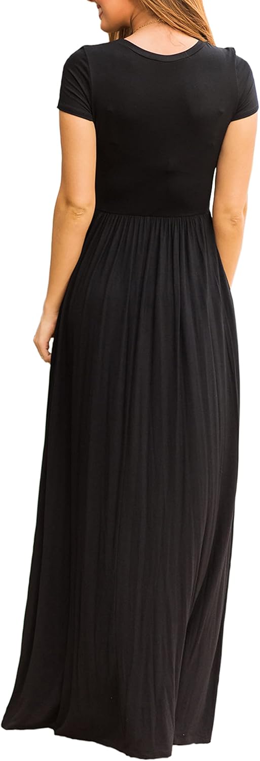 Bridget Robe Maxi Femme – Col Rond Uni, Coupe Fluide & Taille Haute avec Poches Été