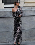 Robe Maxi Femme en Mesh Stretch – Design Bodycon Zèbre Abstrait à Manches Longues