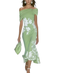 Robe Midi Femme Fleurie – Col Bardot Ajustée
