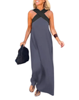 Robe Longue Femme – Encolure Halter Croisée et Silhouette Fluide