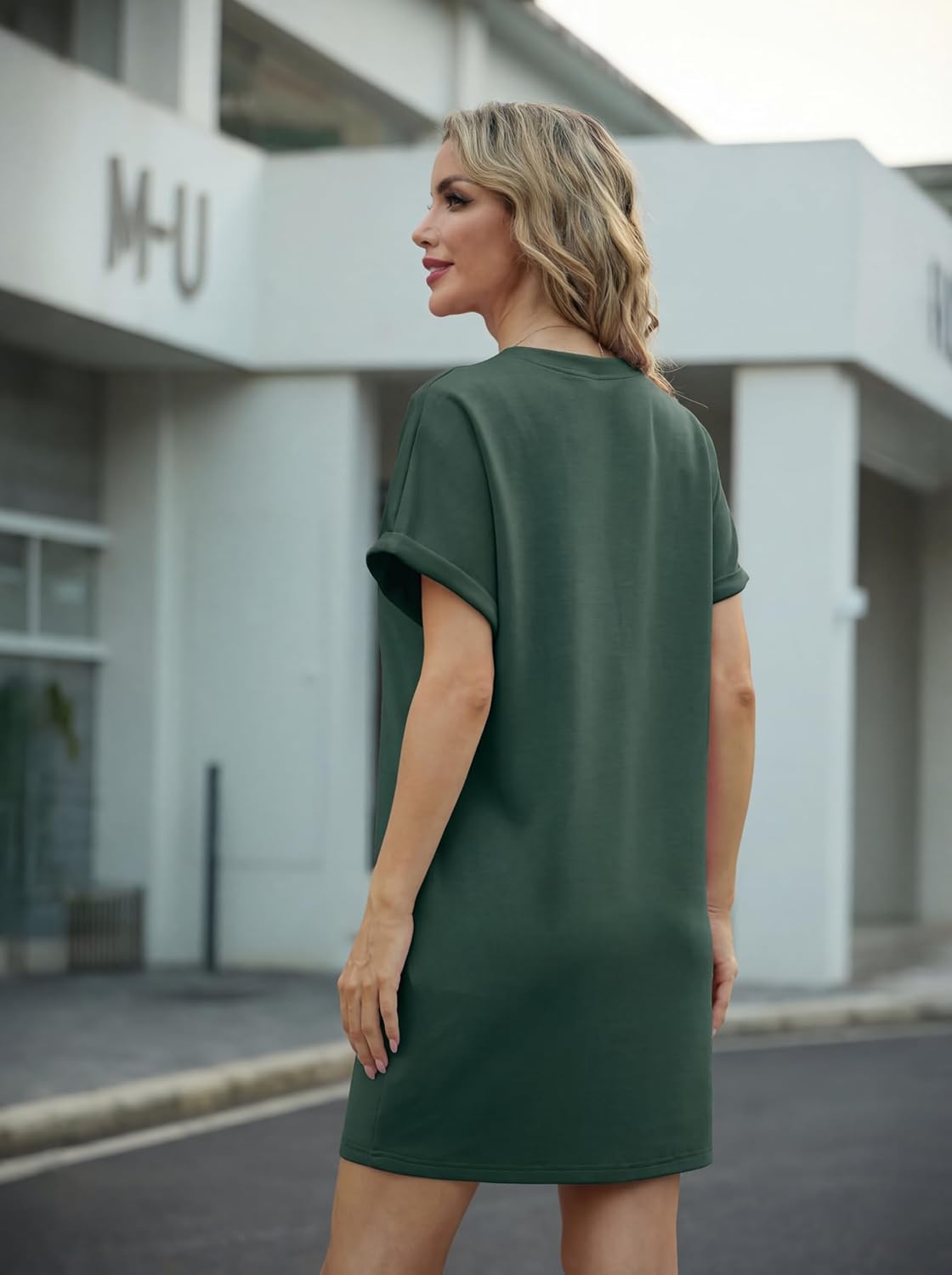 Léa Robe Femme – Robe Mini Col Rond Manches Courtes A-Line avec Poches Été