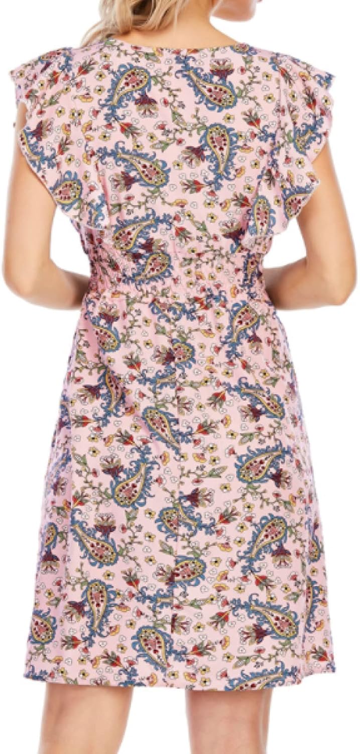 Chloé Robe Mini Femme – Robe Mousseline Fleurie Col V Volants Sans Manches Rose