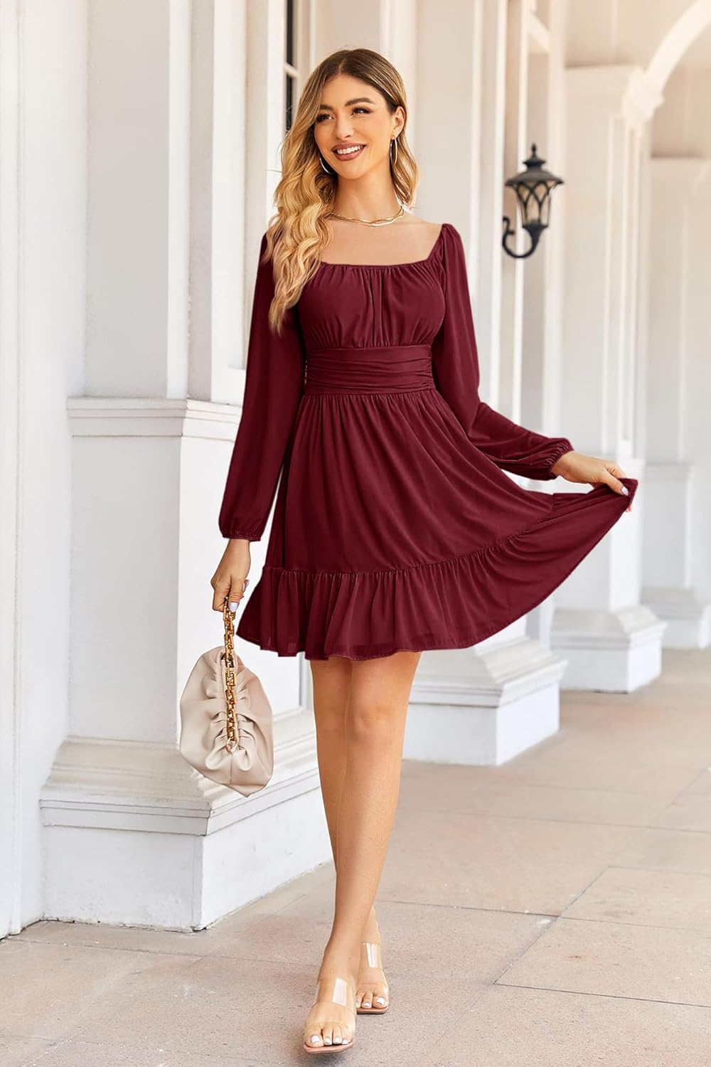 Élodie Robe Longue Femme – Robe Élégante à Col Carré, Volants et Manches Transparentes