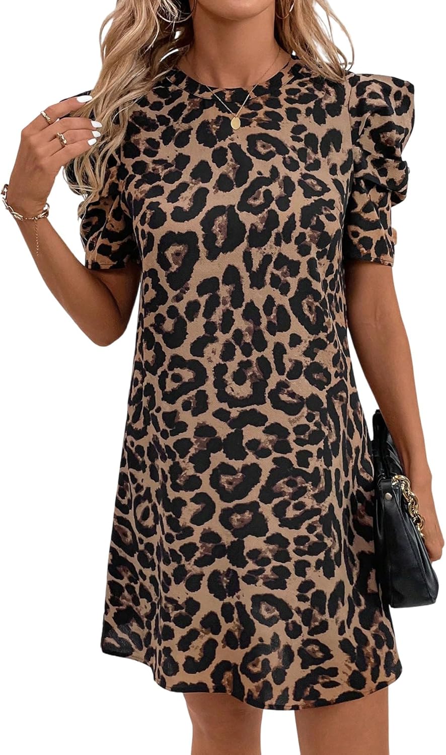 Nina Robe Mini Femme – Robe Léopard Manches Bouffantes Élégante Été Chic