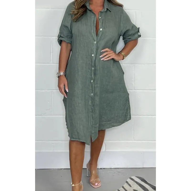 Robe Midi Femme en Coton-Lin – Coupe Décontractée Boutonnée