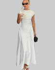Robe Longue Femme à Pois – Col Haut Manches Courtes Coupe A-Line
