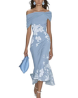 Robe Midi Femme Fleurie – Col Bardot Ajustée