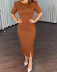 Robe Midi Femme Moulante – Manches Bouffantes et Détail Floral en Relief