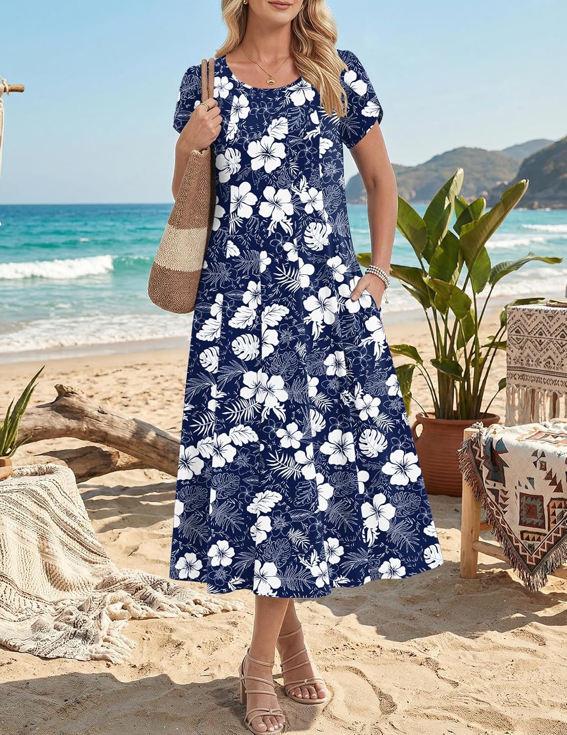 Robe Midi Femme en tissu léger, manches bouffantes, coupe fluide – Menvelo
