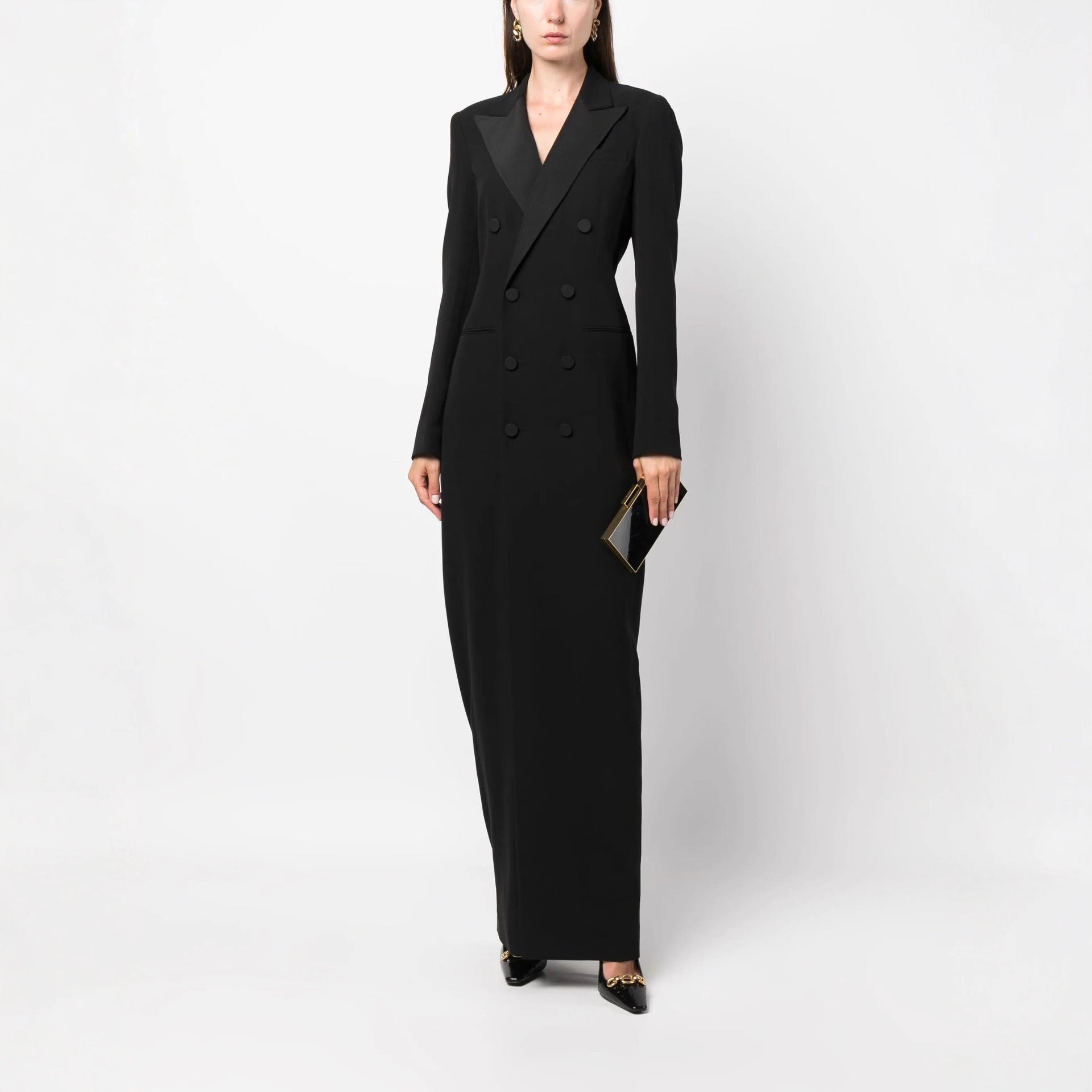 Robe Longue Femme Style Blazer – Col Cranté Croisé Coupe Colonne