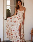 Robe Maxi Fleurie Femme à Lacets – Coupe Ajustée Fente Latérale