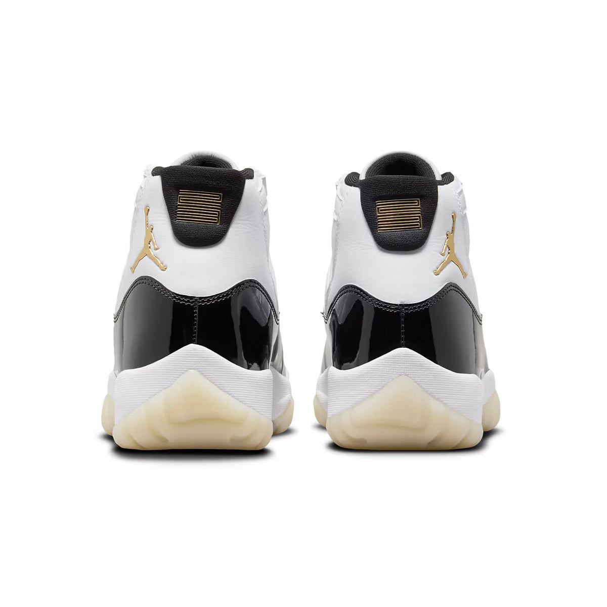 Air Jordan 11 Gratitude baskets homme et femme en cuir verni noir blanc, détail semelle
