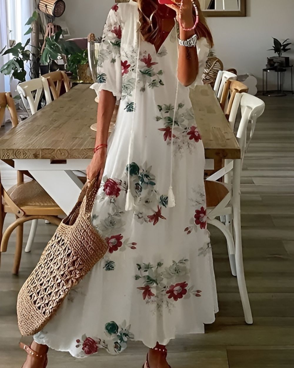 Bianca | Robe maxi bohème imprimée à col en V pour femme