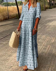 Robe Longue Femme Bohème Col V – Coupe Ample Manches Mi-Longues Légère